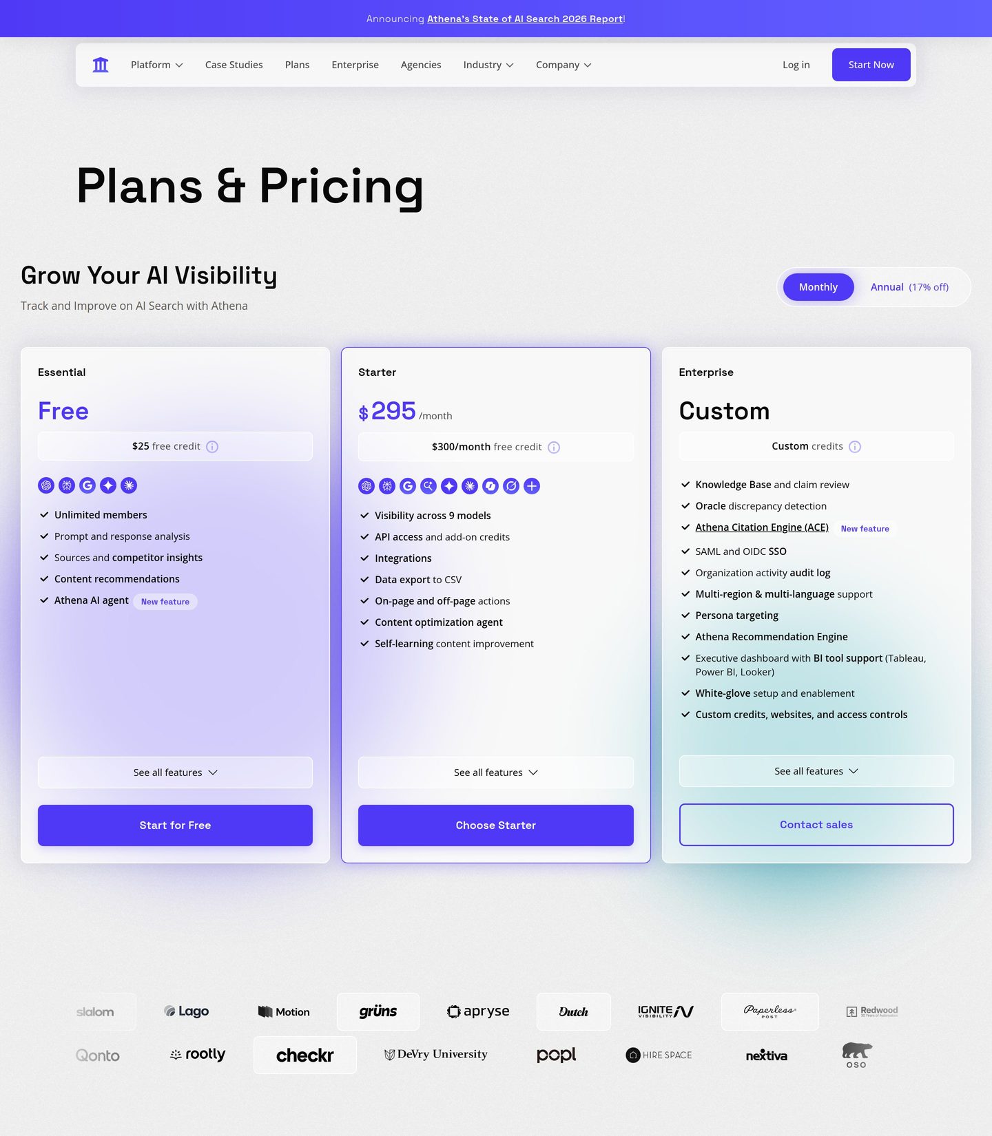 AthenaHQ prijsabonnementen: gratis Essential-niveau, Starter en Enterprise