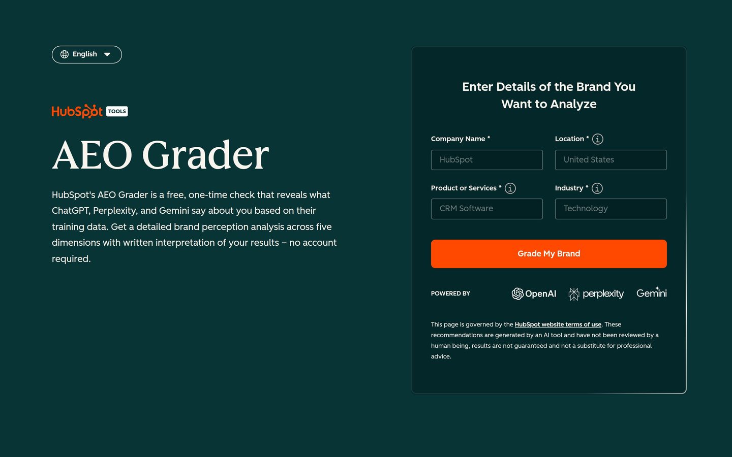 HubSpot AI Search Grader gratis tool landingspagina
