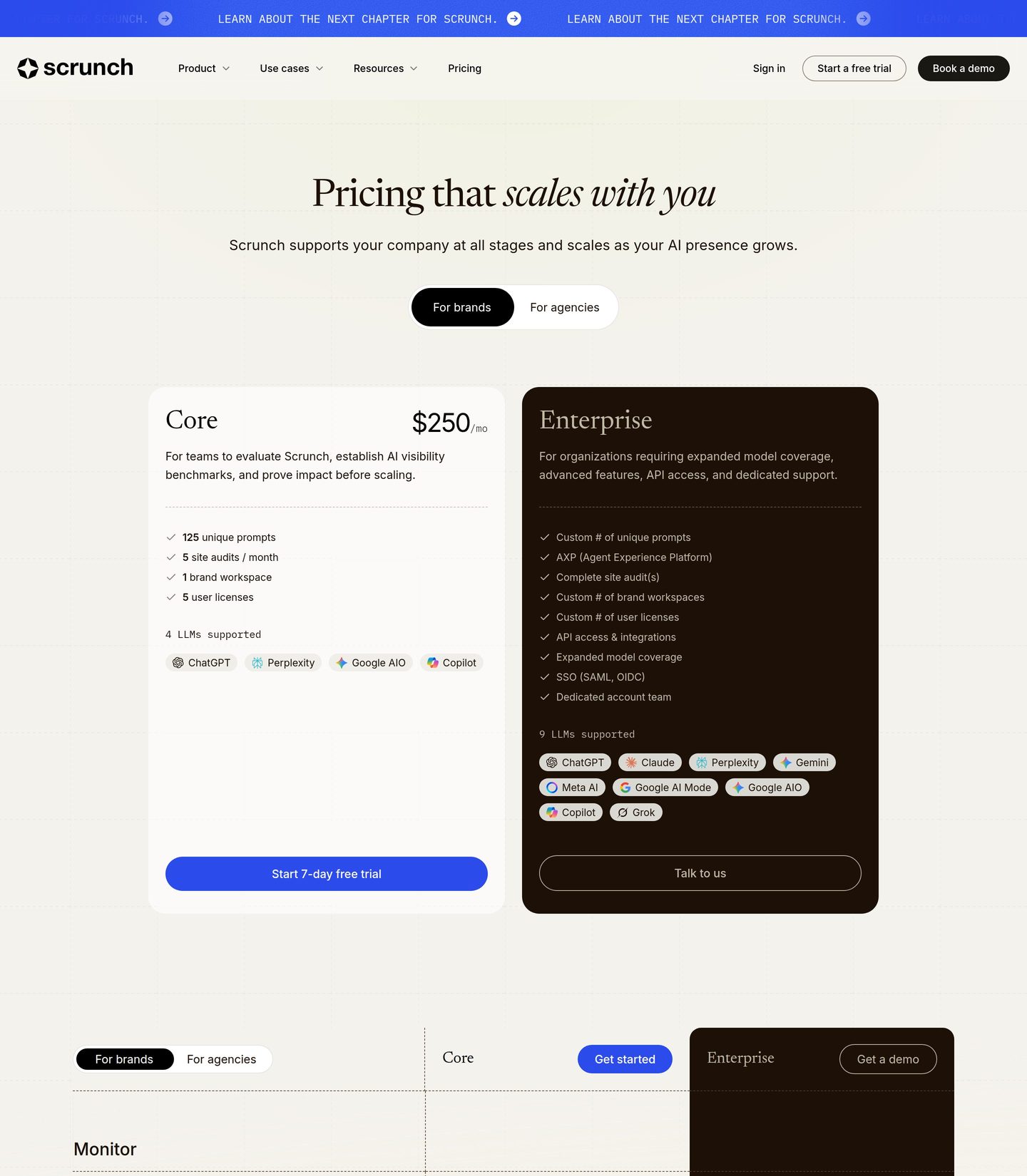 Scrunch AI prijsplannen met Core, Agency Core en Enterprise niveaus