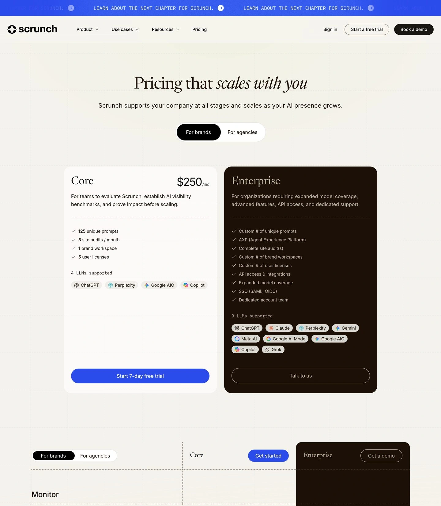 Scrunch AI pricing page showing Core at 250 dollars per month for 125 prompts and a custom Enterprise plan with nine LLMs