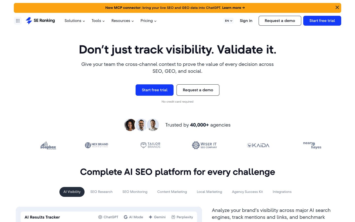 Landingspagina van de SE Ranking AI Visibility Tracker binnen de SE Ranking SEO-suite