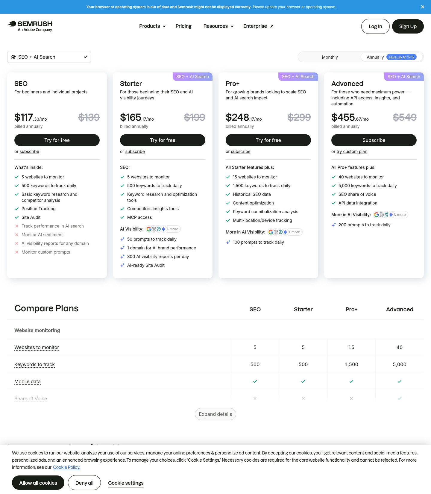 Planos de preços da Semrush mostrando os níveis de assinatura base e o complemento AI Visibility Toolkit