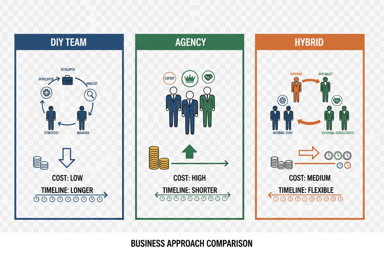 Comparison of DIY, Agency, and Hybrid approaches to AI visibility with team compositions and metrics