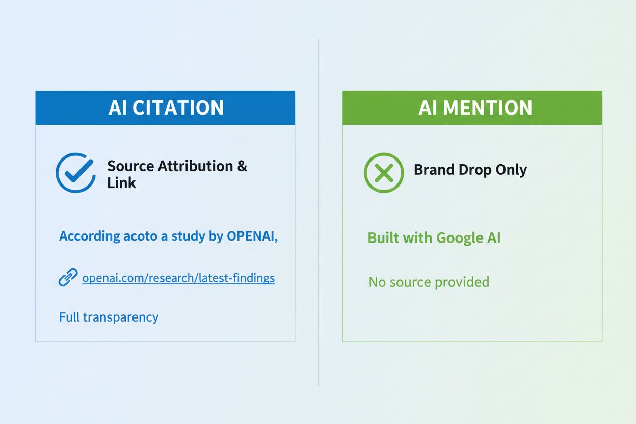 Comparación de citas de IA vs menciones mostrando atribución de fuente y referencias de marca