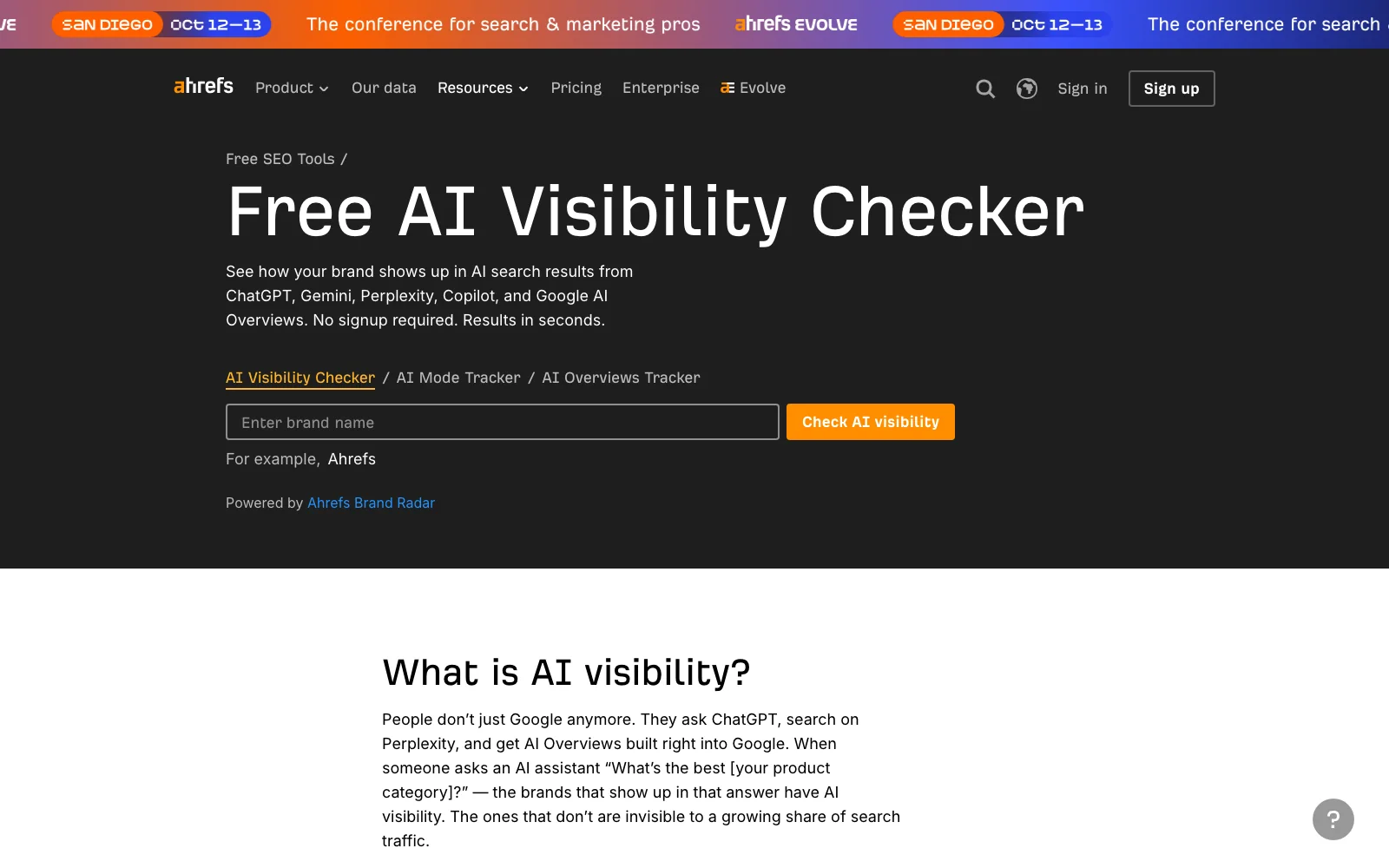 Ahrefs free AI visibility checker showing the brand name input and the five engines it queries