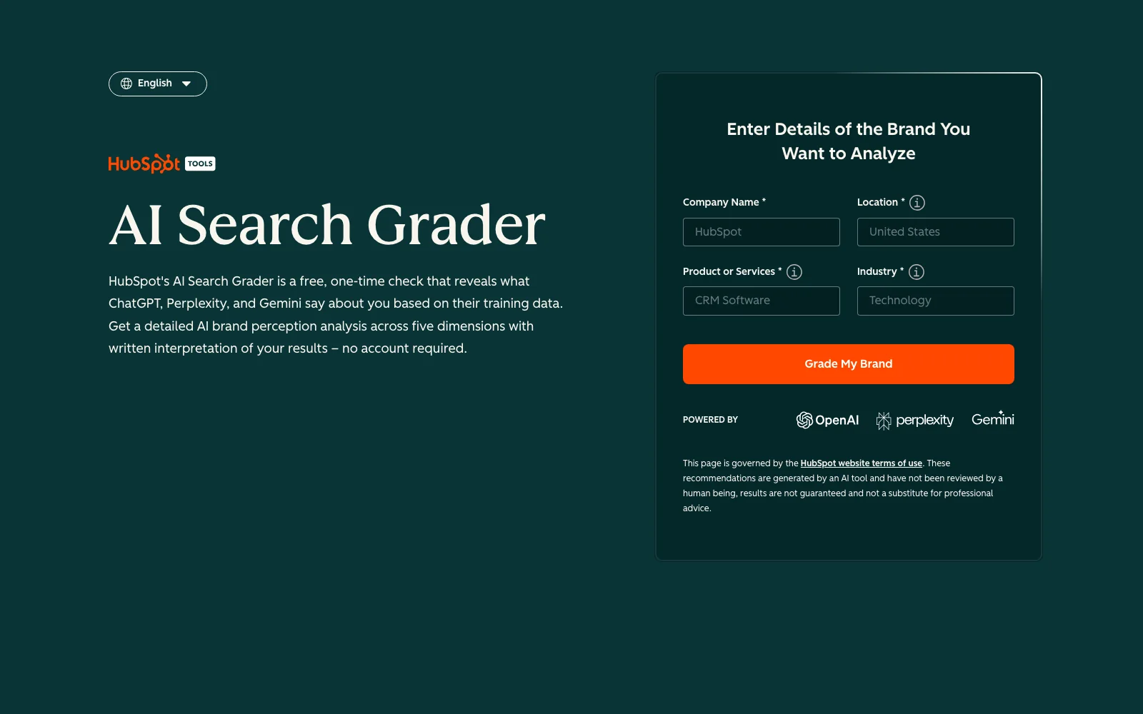 HubSpot AI Search Grader, a free AI visibility checker that grades brand perception across five dimensions