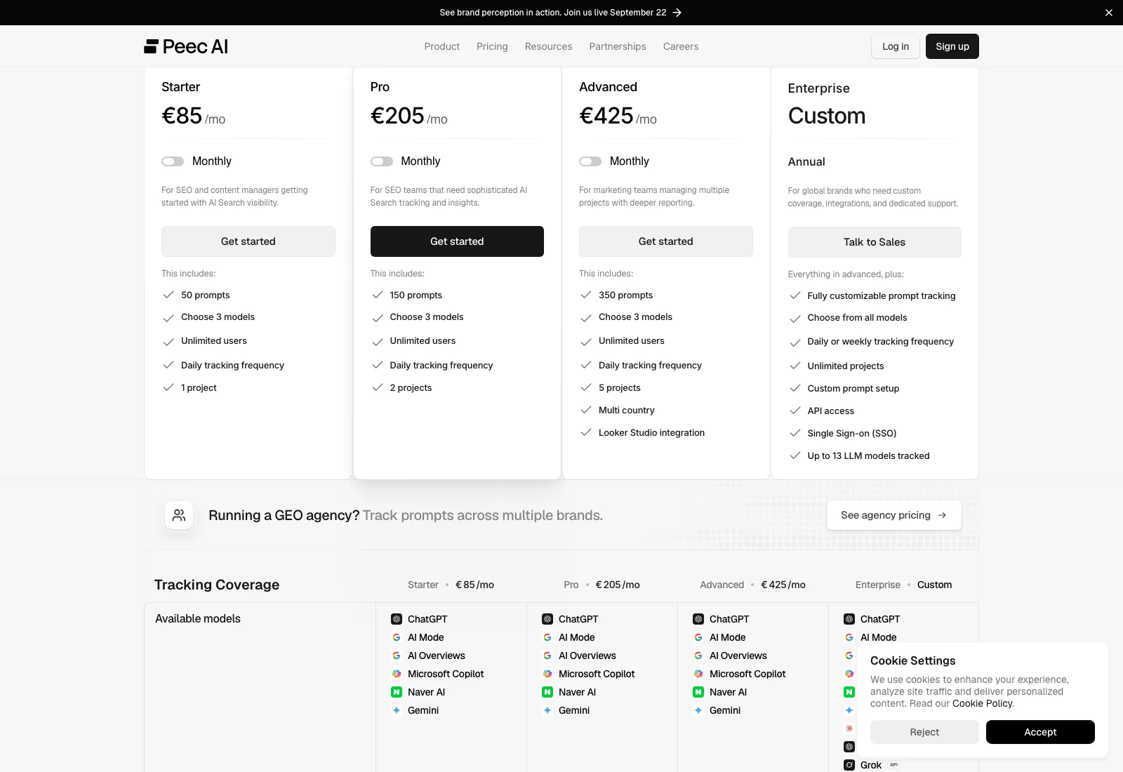 Peec AI pricing page showing Starter at 85 euros for 50 prompts, Pro at 205 euros for 150 prompts and Advanced at 425 euros for 350 prompts