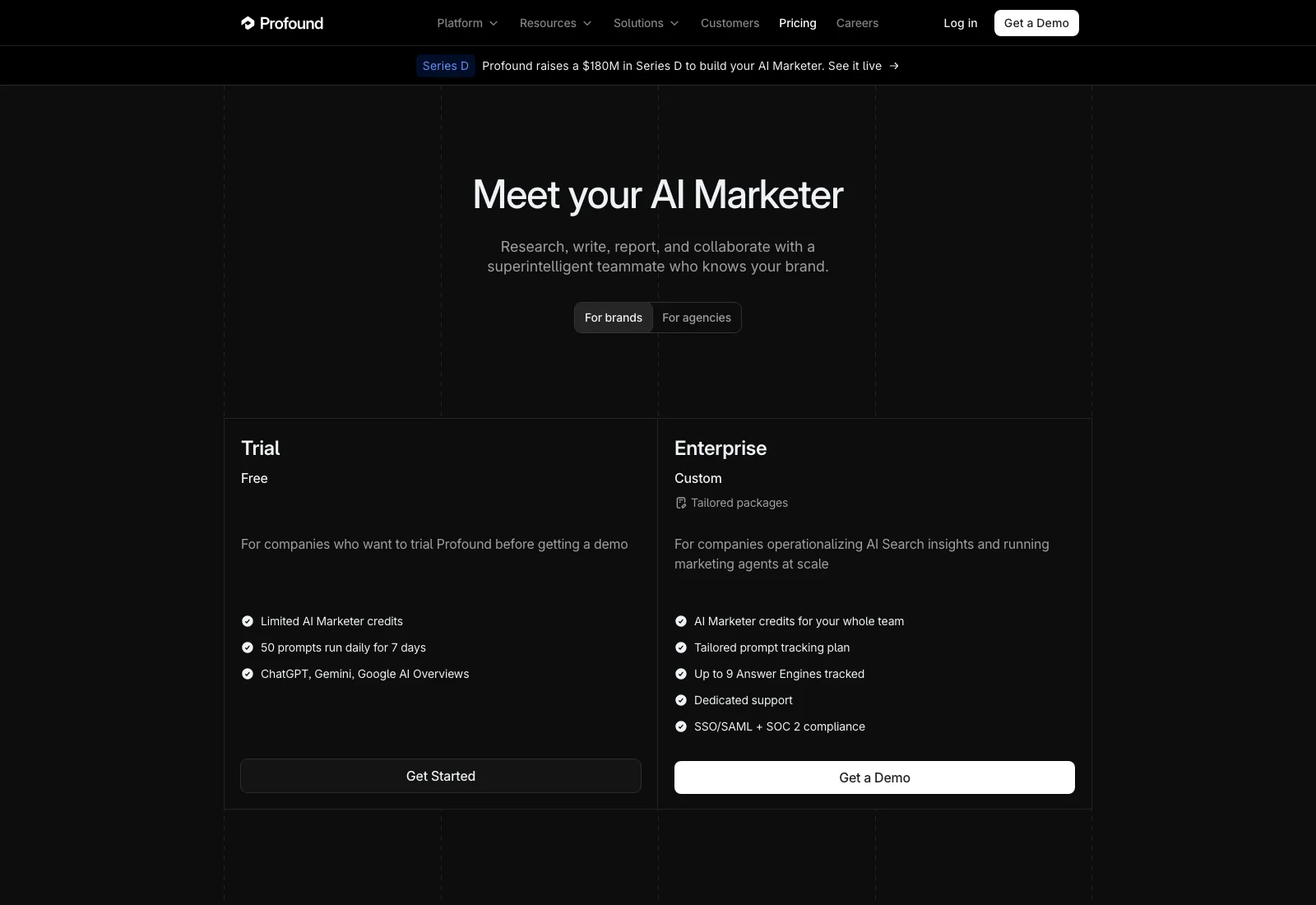 Profound pricing page showing a free seven-day trial and a custom-priced Enterprise plan tracking up to nine answer engines