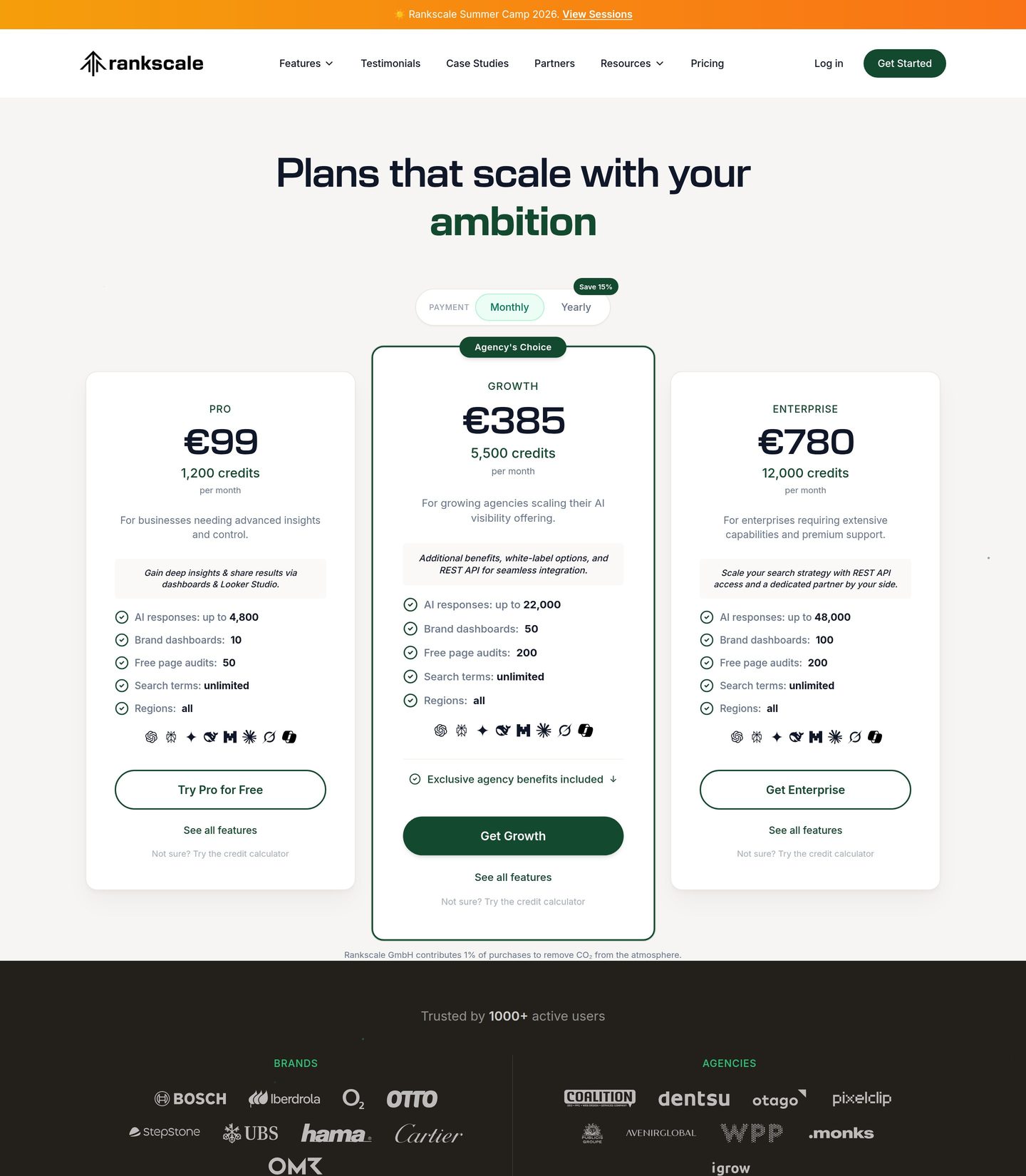 Planes de precios basados en créditos de Rankscale: Essentials, Pro, Growth y Enterprise