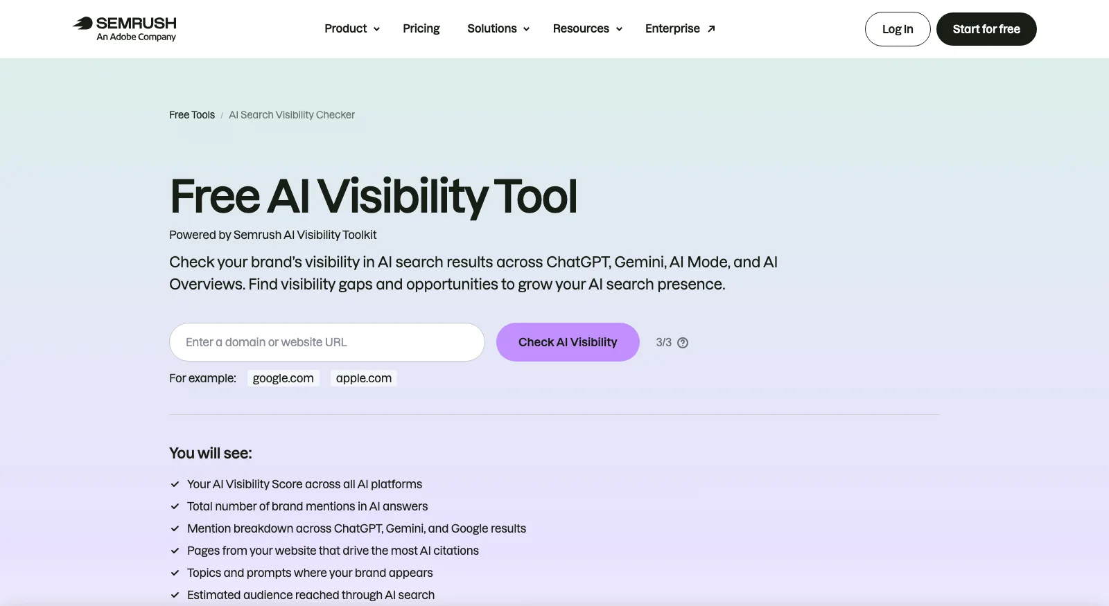 Semrush free AI visibility checker showing the domain input and the contents of its AI visibility report